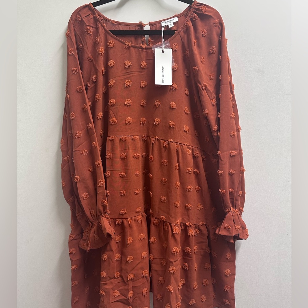 NWT - Rust Orange Long Sleeve Boho Swiss Dot Fall Dress - Picture 4 of 4